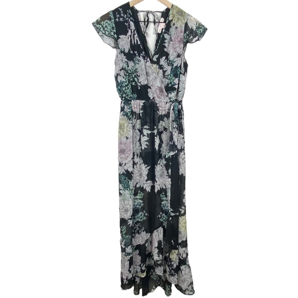 Band of Gypsies Dress Womens Medium Faux Wrap Black Floral Chiffon High Low Maxi - Picture 1 of 16